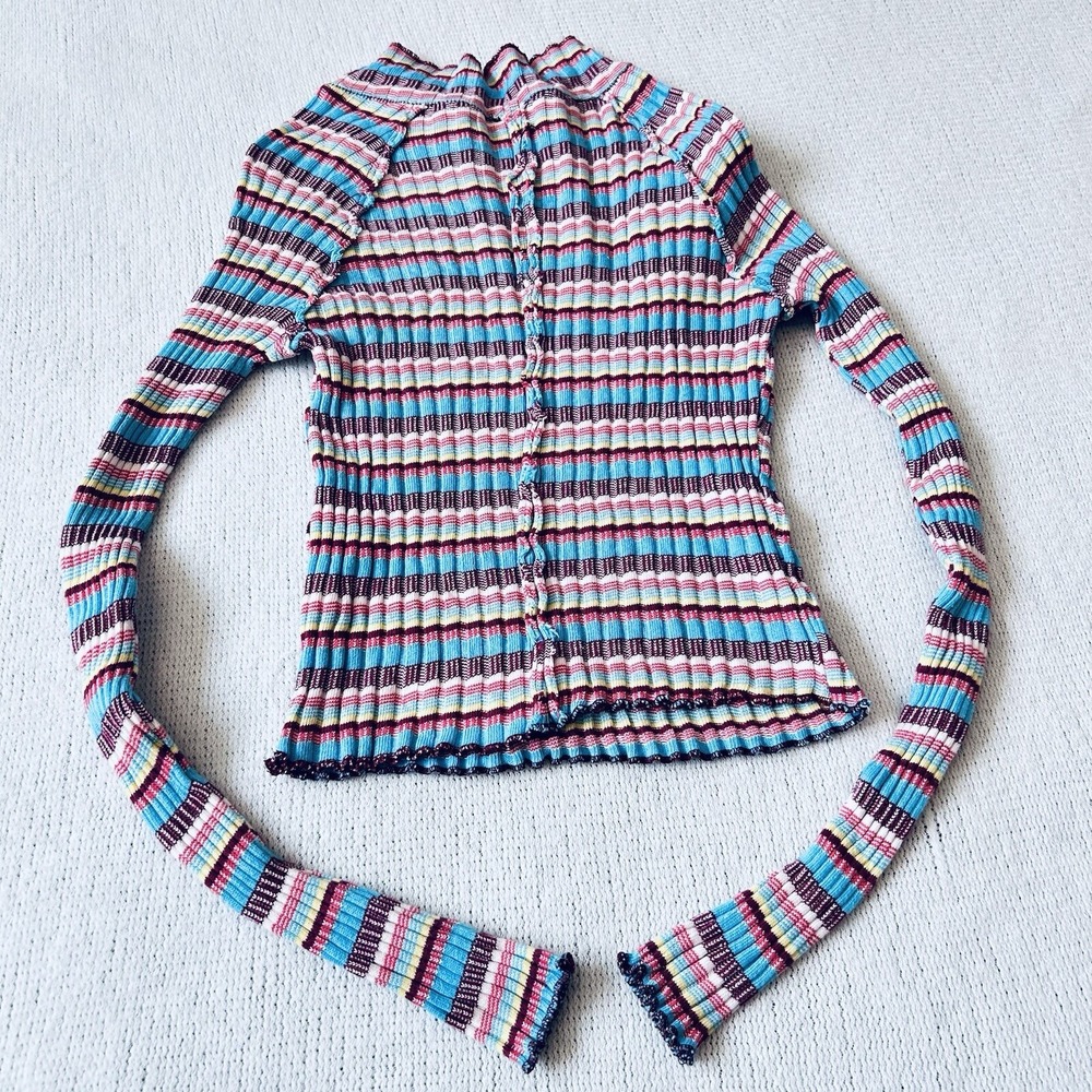 Free People Mirror Stripe Tee Shirt Sz S Stretch Cotton Ribbed Top Mock Neck